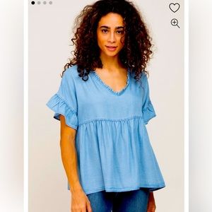 Pink Blush Maternity Blue Chambray Ruffle Peplum Blouse Small NWOT